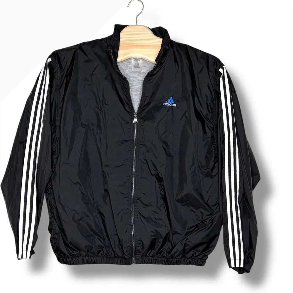 Vintage 90s Y2K Adidas Track Jacket Black White 3 Stripes Zip Front Mens Size XL